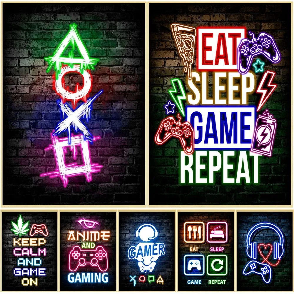 Office Lighting Decor - Affiches murales Gaming Neon Eat Sleep